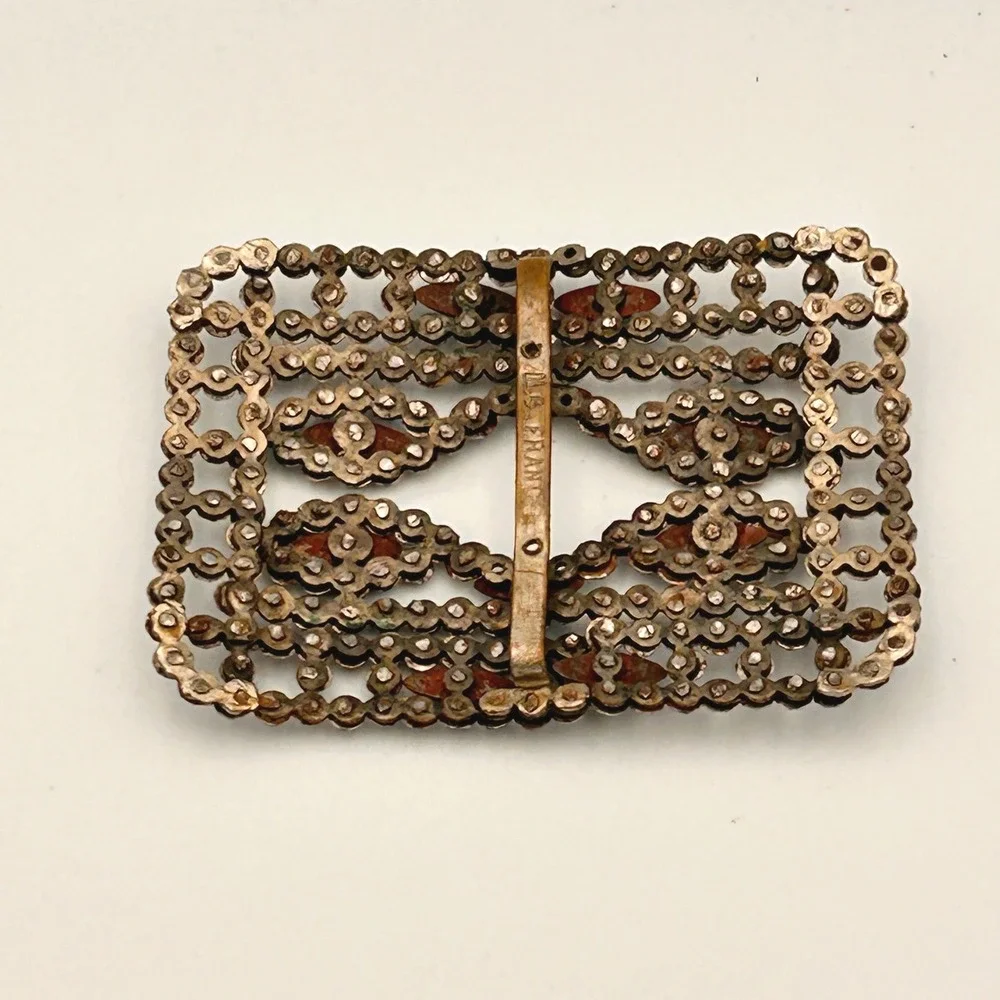 Antique M.G. France Cut Steel Belt Buckle Victorian Edwardian Openwork Silver
